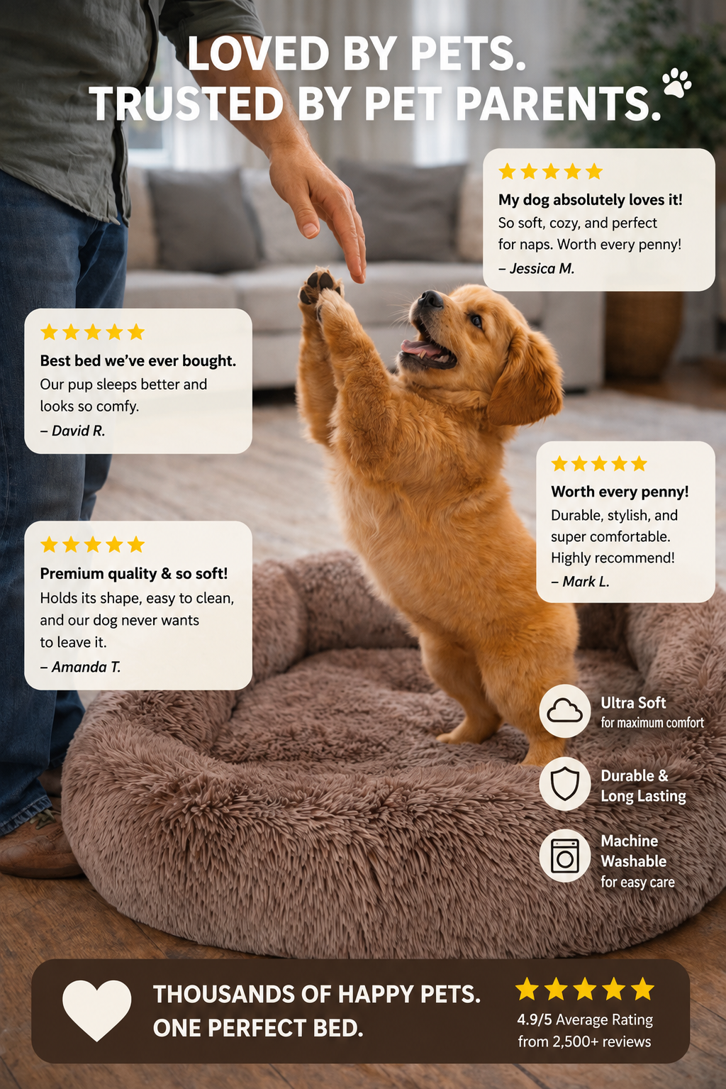 Lucky Monet Dog Beds for Large Dogs 31.5" x 27.6" Fluffy Calming Dog Cat Bed Washable Dog Beds with Sides Soft Dog Crate Bed for Sleeping (L Brown)